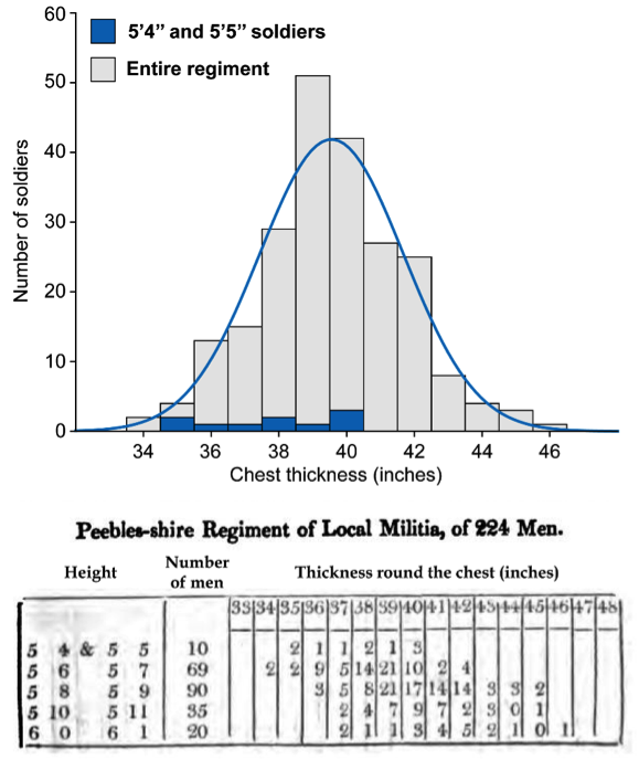 Figure 7: Chest width distribution for the Peebles-shire Regiment. Although the data subset of 5’4’’ and 5’5’’ soldiers (blue) does not appear to be normally distributed, it comes from a much larger dataset (gray) that can be reasonably approximated by a normal distribution.  The 5'4" and 5'5" distribution of chest widths (in inches) is: 35, 35, 36, 37, 38, 38, 39, 40, 40, 40.