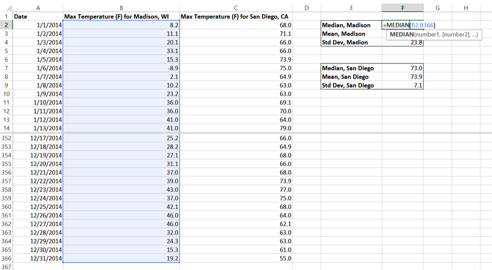 Excel page 2: Calculating the Madison dataset mean