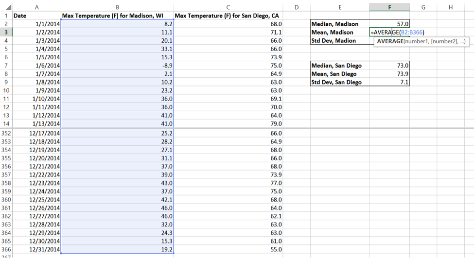 Excel page 3: Calculating the Madison dataset standard deviation